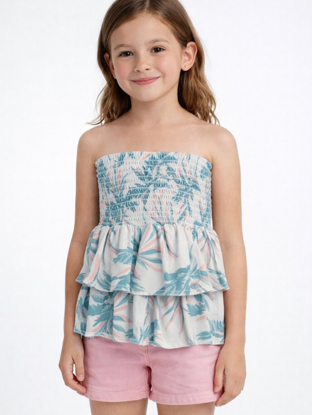 Grayson Threads Girls Strapless Smocked Top Blue Pink Floral Tiered Ruffle M 8